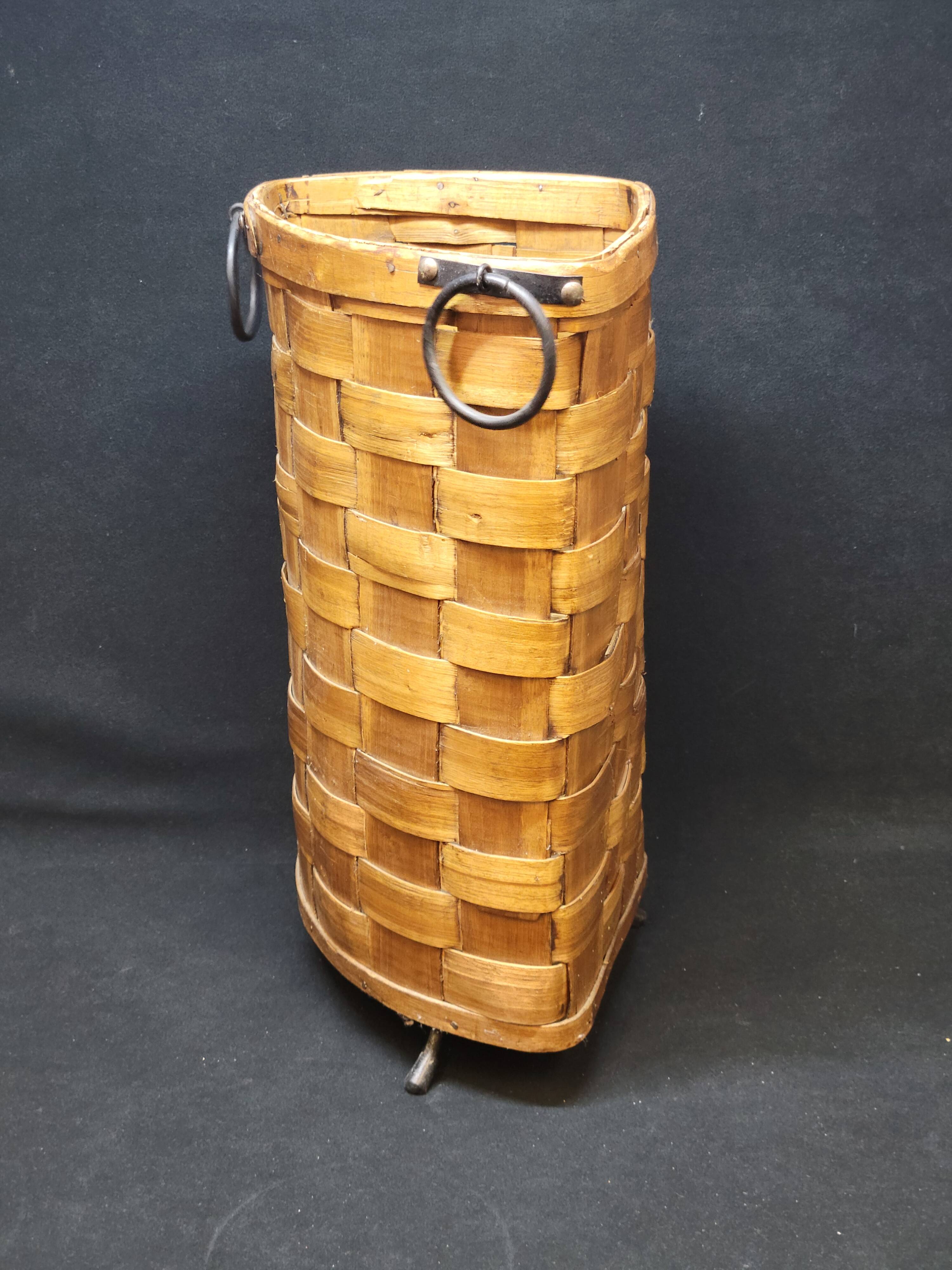 Antique vintage corner woven wooden basket umbrella holder / basket