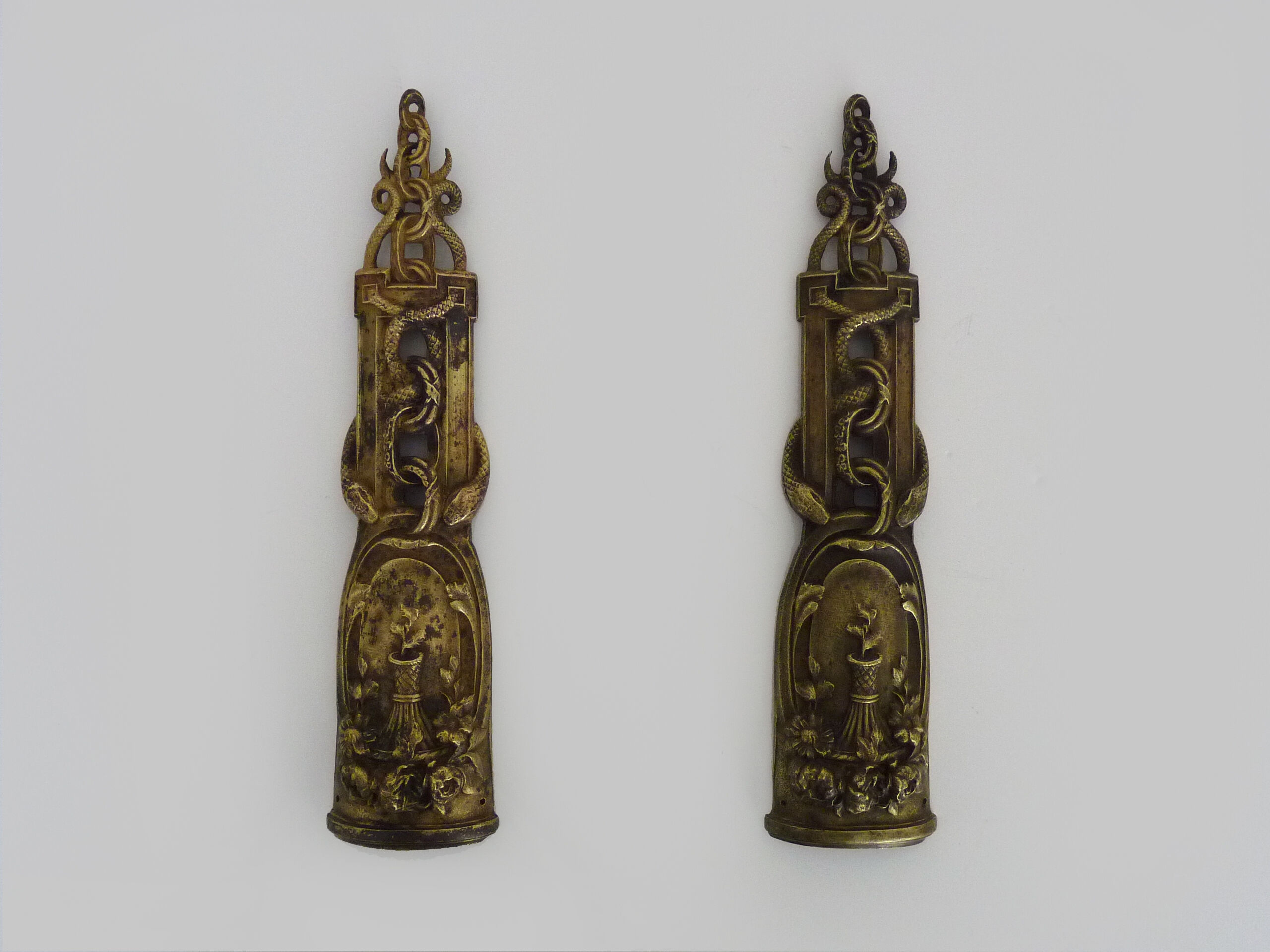 Pair of pharmacy storefront, doctor, caduceus bronze medicine. Early twentieth century