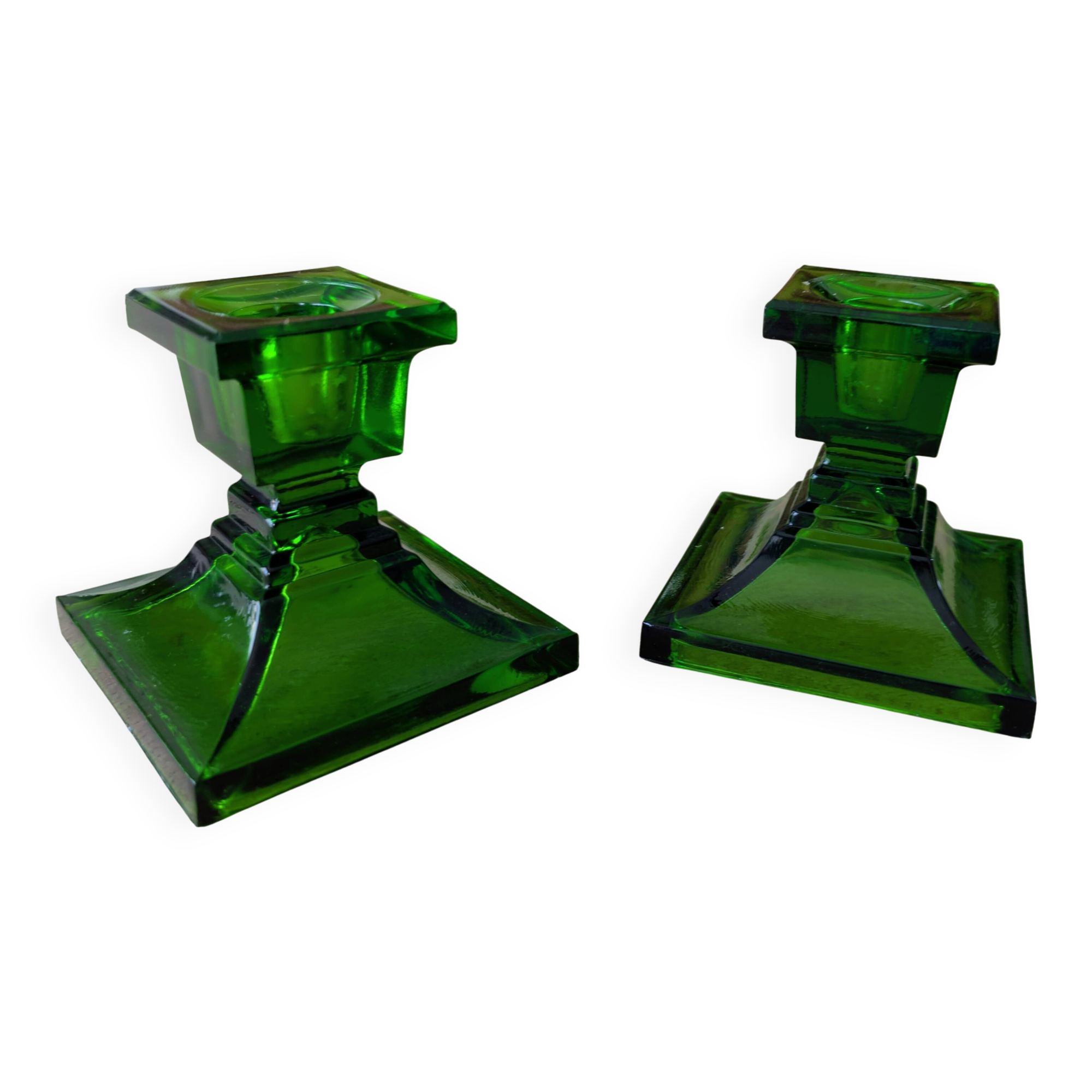 Pair of vintage Art Deco style green glass candlesticks