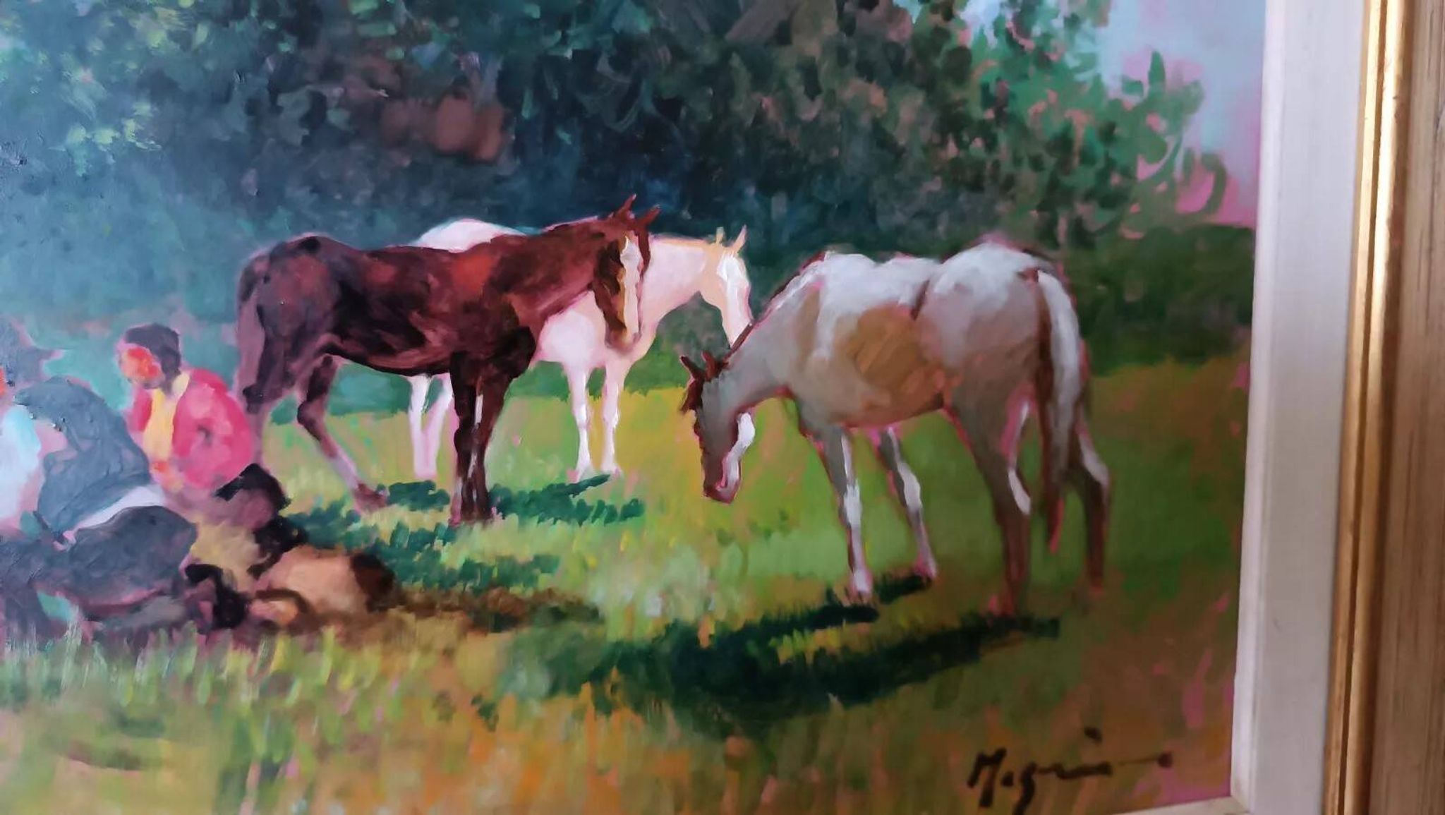 Peinture à l'huile paysage campagne chevaux fausto magni (florence 1906-1985)