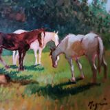 Peinture à l'huile paysage campagne chevaux fausto magni (florence 1906-1985)