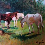 Peinture à l'huile paysage campagne chevaux fausto magni (florence 1906-1985)
