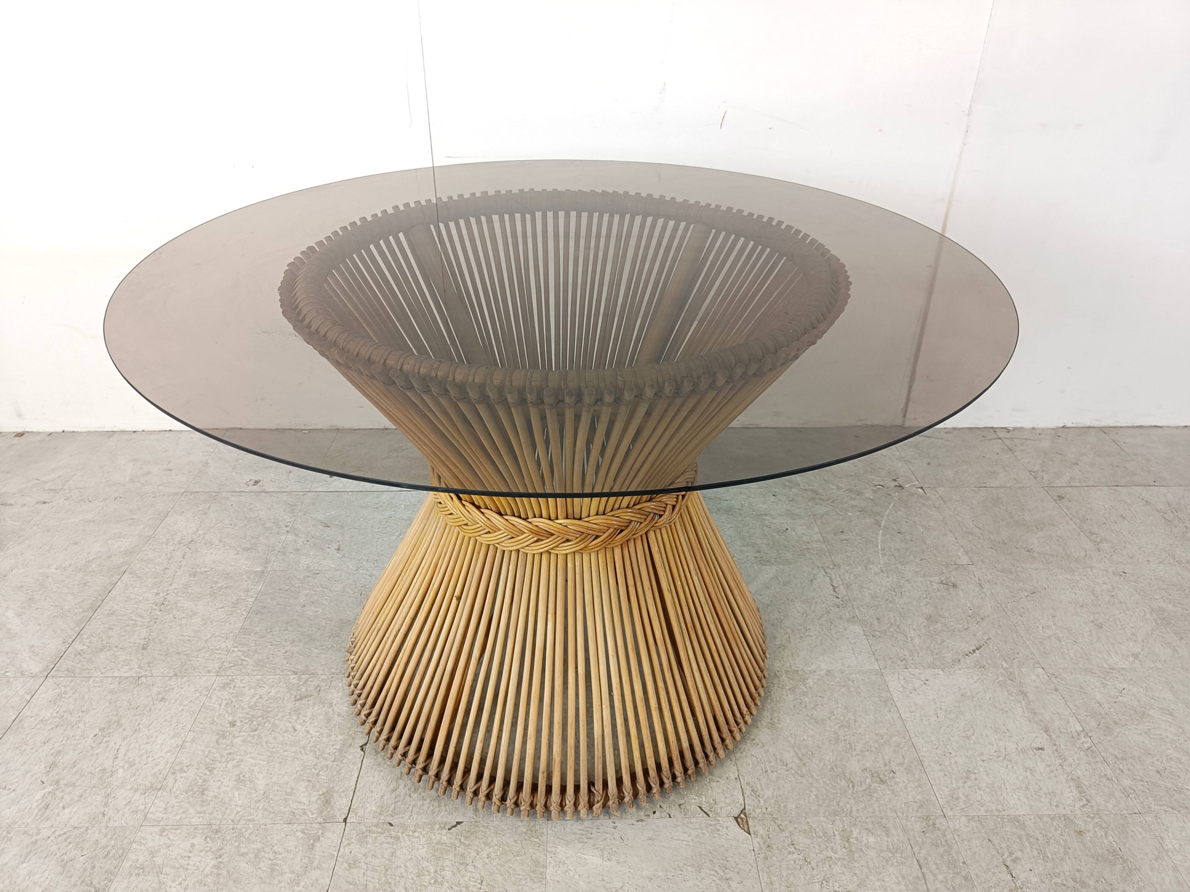 Vintage bamboo and smoked glass dining table, 1980s