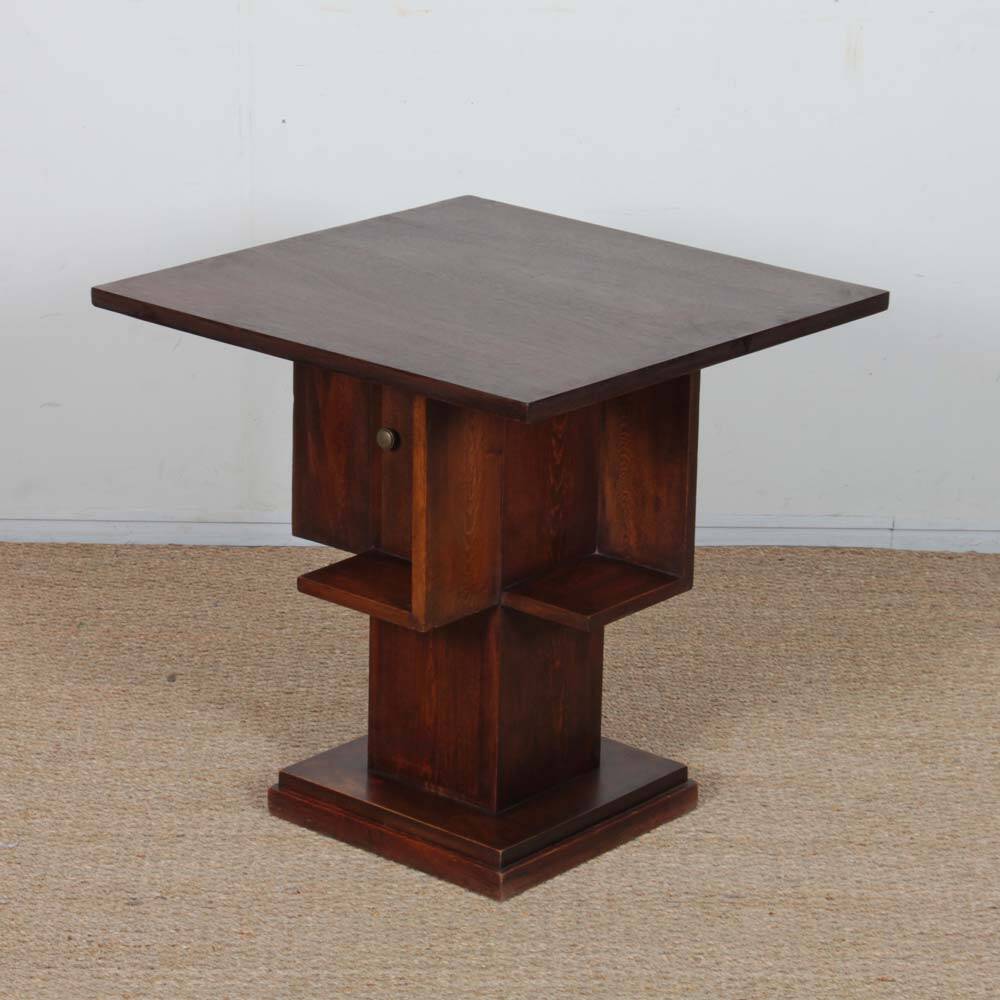 Geometric wooden side table from the 1940s.