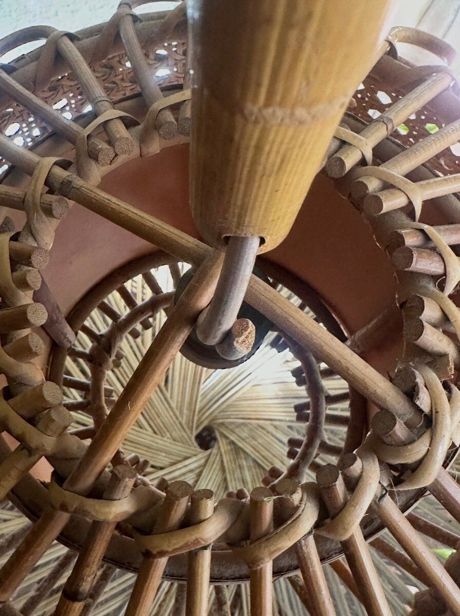 Suspended lamp in bamboo and rattan with chinoiserie details by Louis Sognot, 1950.
