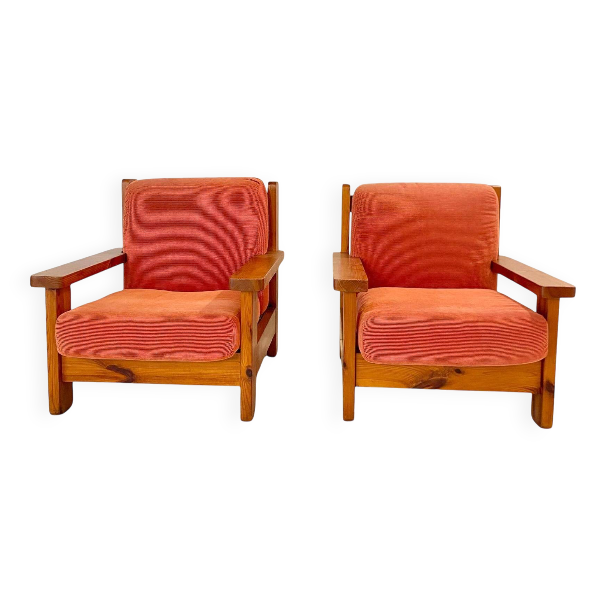 Mid Century Modern Vintage Wood and Red Velvet Armchairs, set of two, Italy 1970