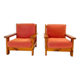 Mid Century Modern Vintage Wood and Red Velvet Armchairs, set of two, Italy 1970