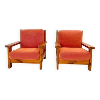 Fauteuils vintage en bois et velours rouge du milieu du siècle, lot de deux, Italie 1970