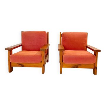 Fauteuils vintage en bois et velours rouge du milieu du siècle, lot de deux, Italie 1970