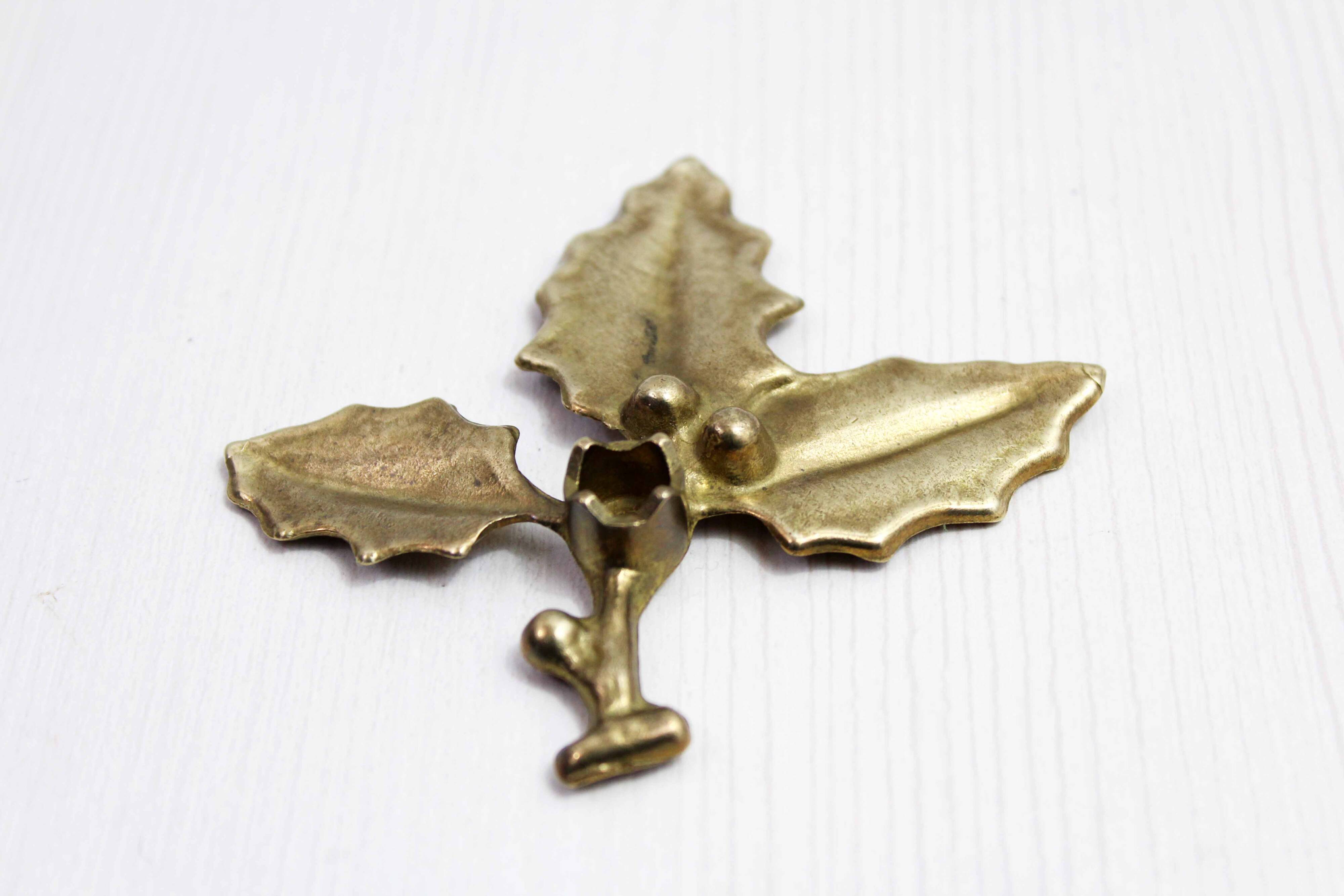 Vintage Holly Candle Holder, Brass