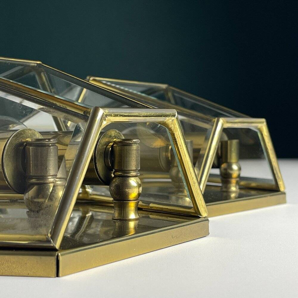 Hexagonal wall sconces in gilded brass and crystal, 1970s, set of 2.