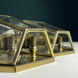 Hexagonal wall sconces in gilded brass and crystal, 1970s, set of 2.