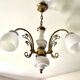 Three-light chandelier in gilded brass and porcelain, Art Nouveau style, 1970.
