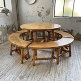 Set of round table and 4 rounded benches, 1950