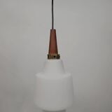 Scandinavian pendant light in opaline and teak, around 1960.
