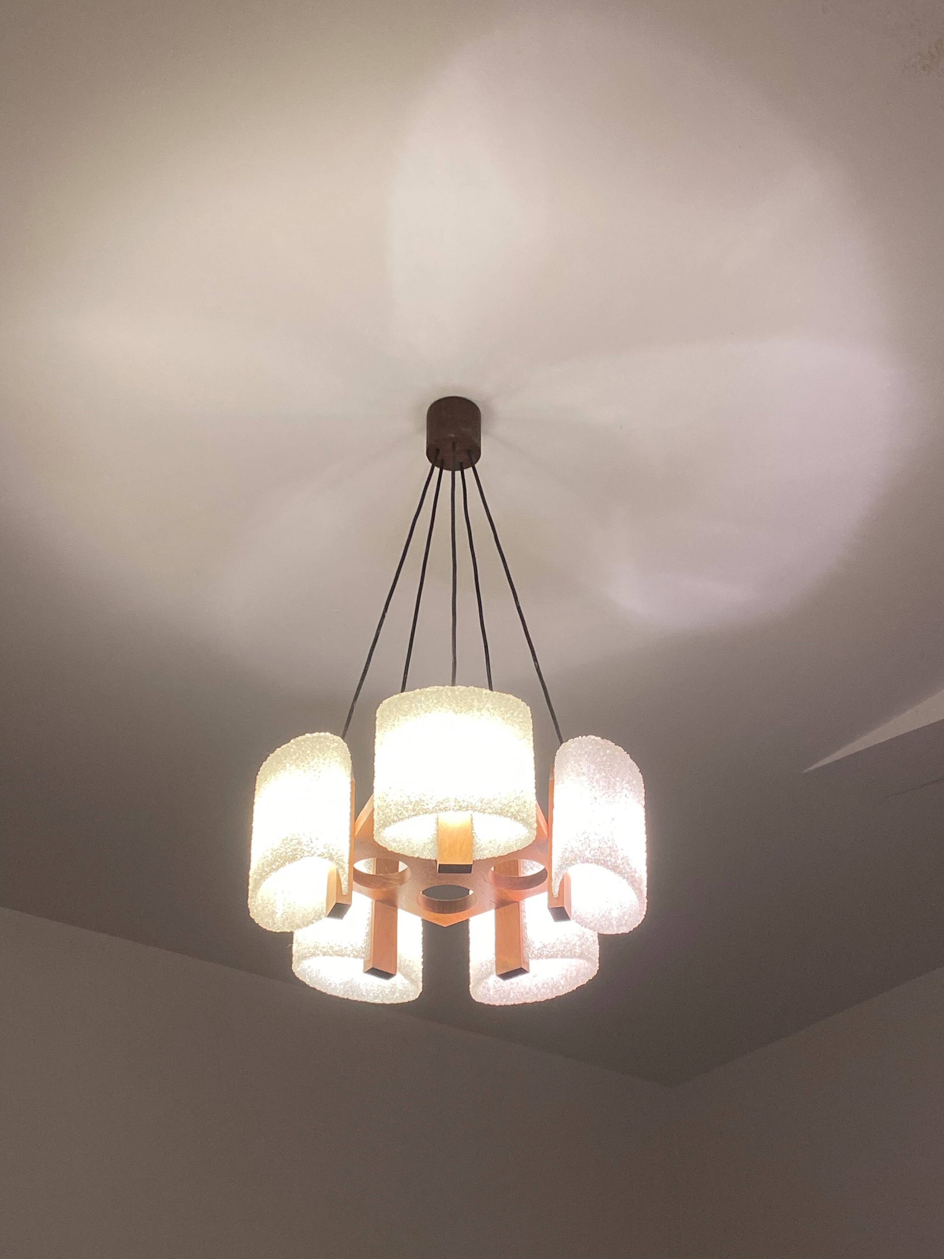 Celluloid Scandinavian teak pendant chandelier from the 60s