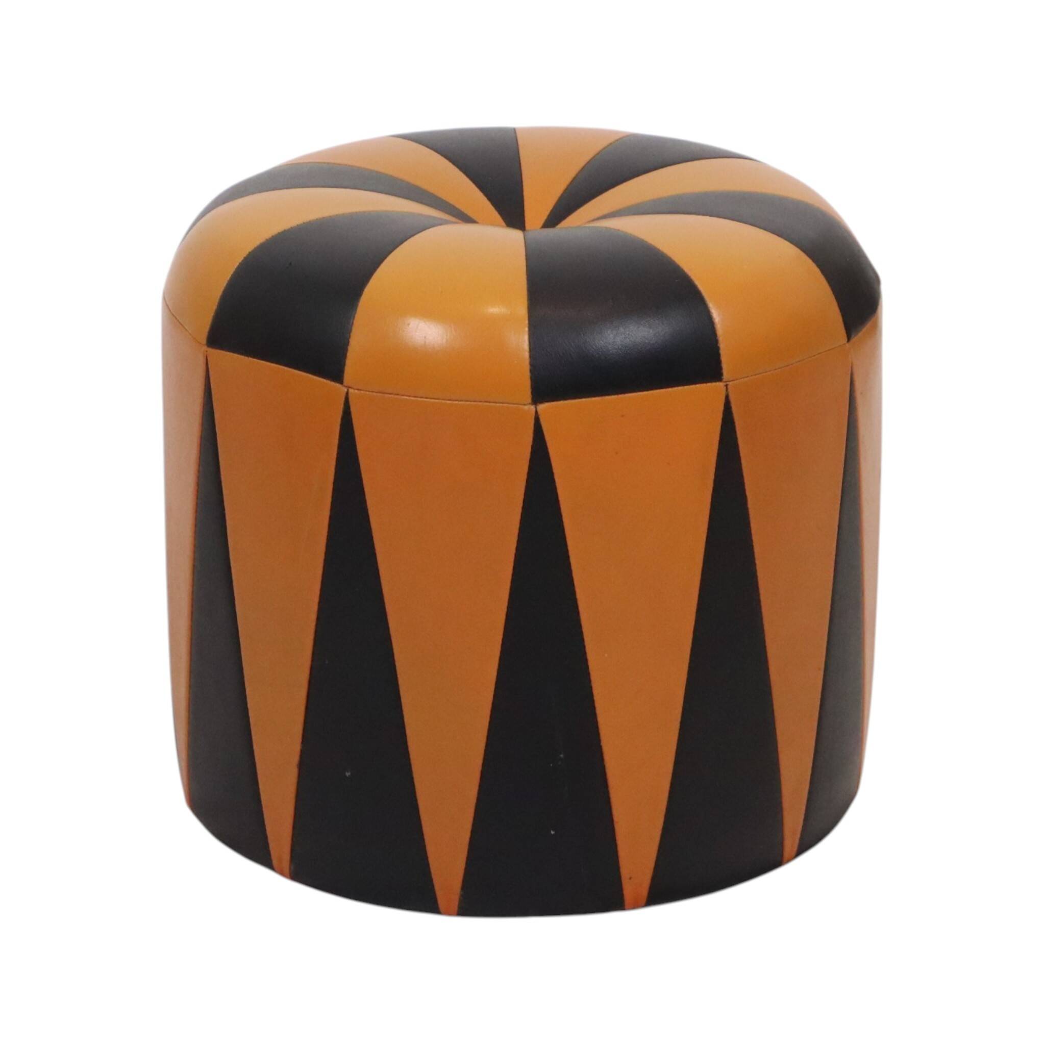 Round Vintage Pouf, Orange and Black Faux Leather (Skai), 1960s