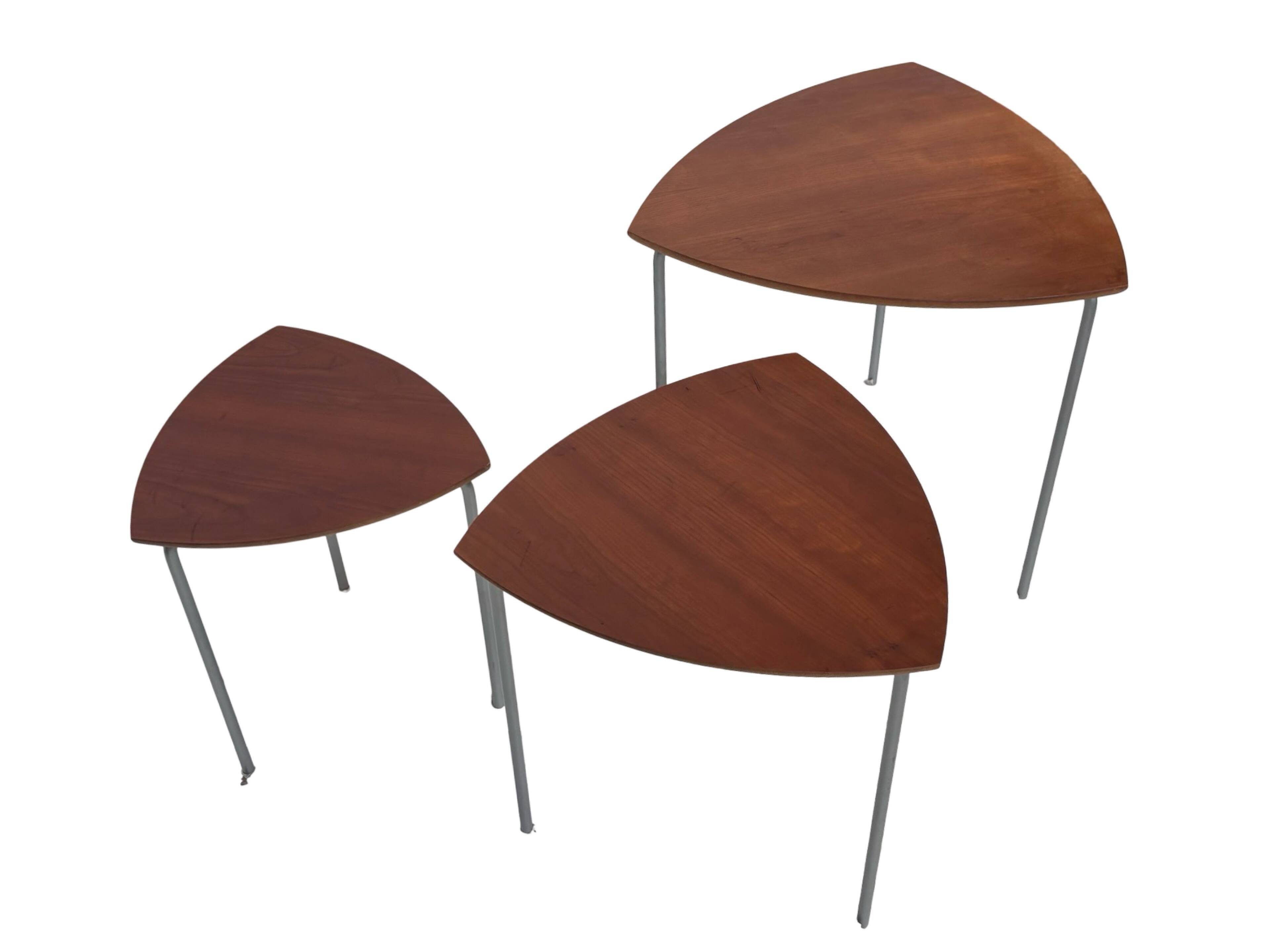Vintage set of 3 wooden and metal side tables from the 1980s
