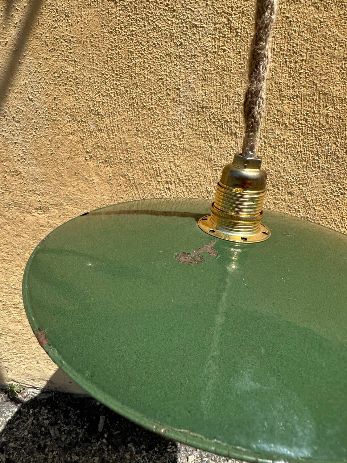Vintage pendant light with green and white enamelled sheet metal shade