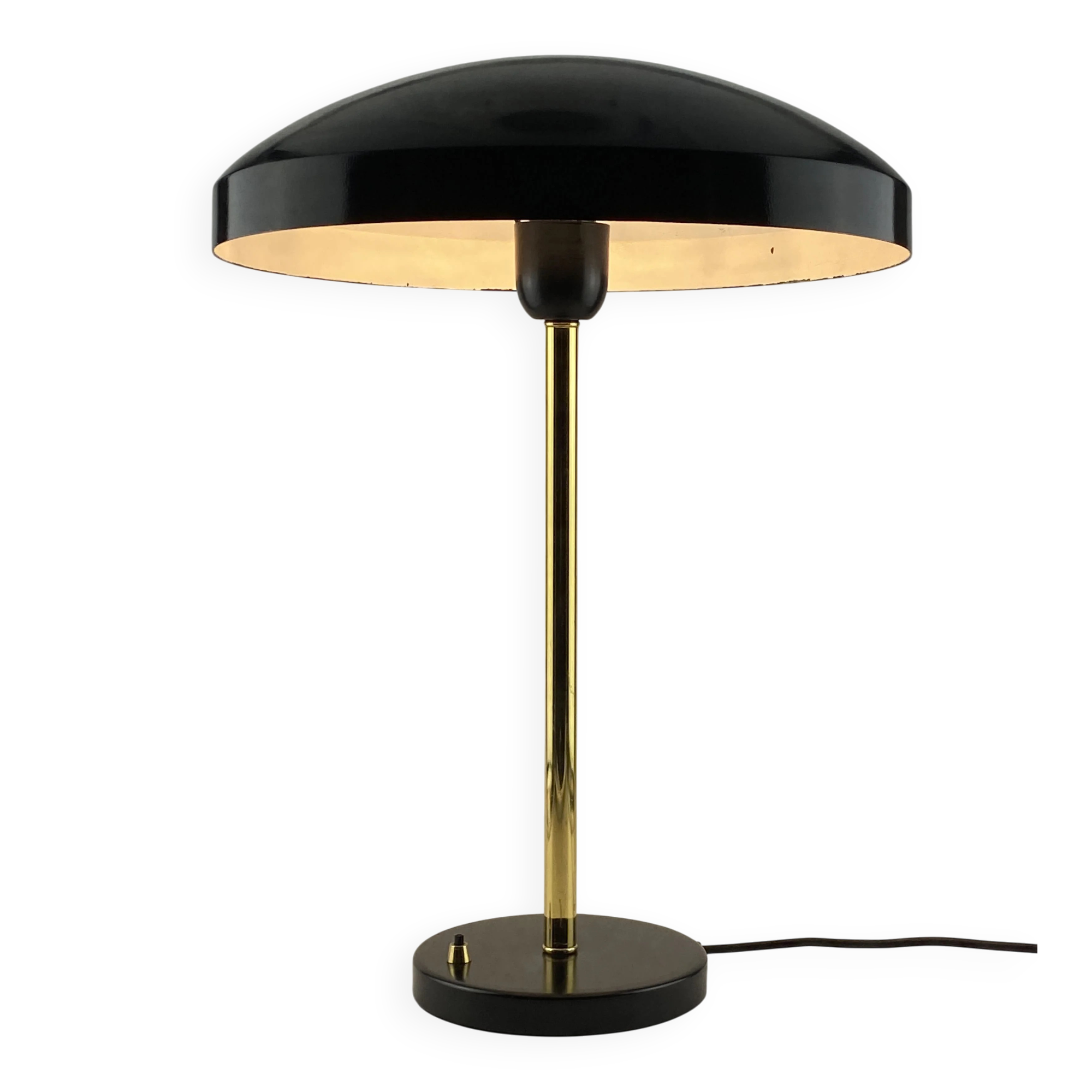 Rare black and gold UFO table lamp by Louis Kalff for Philips.
