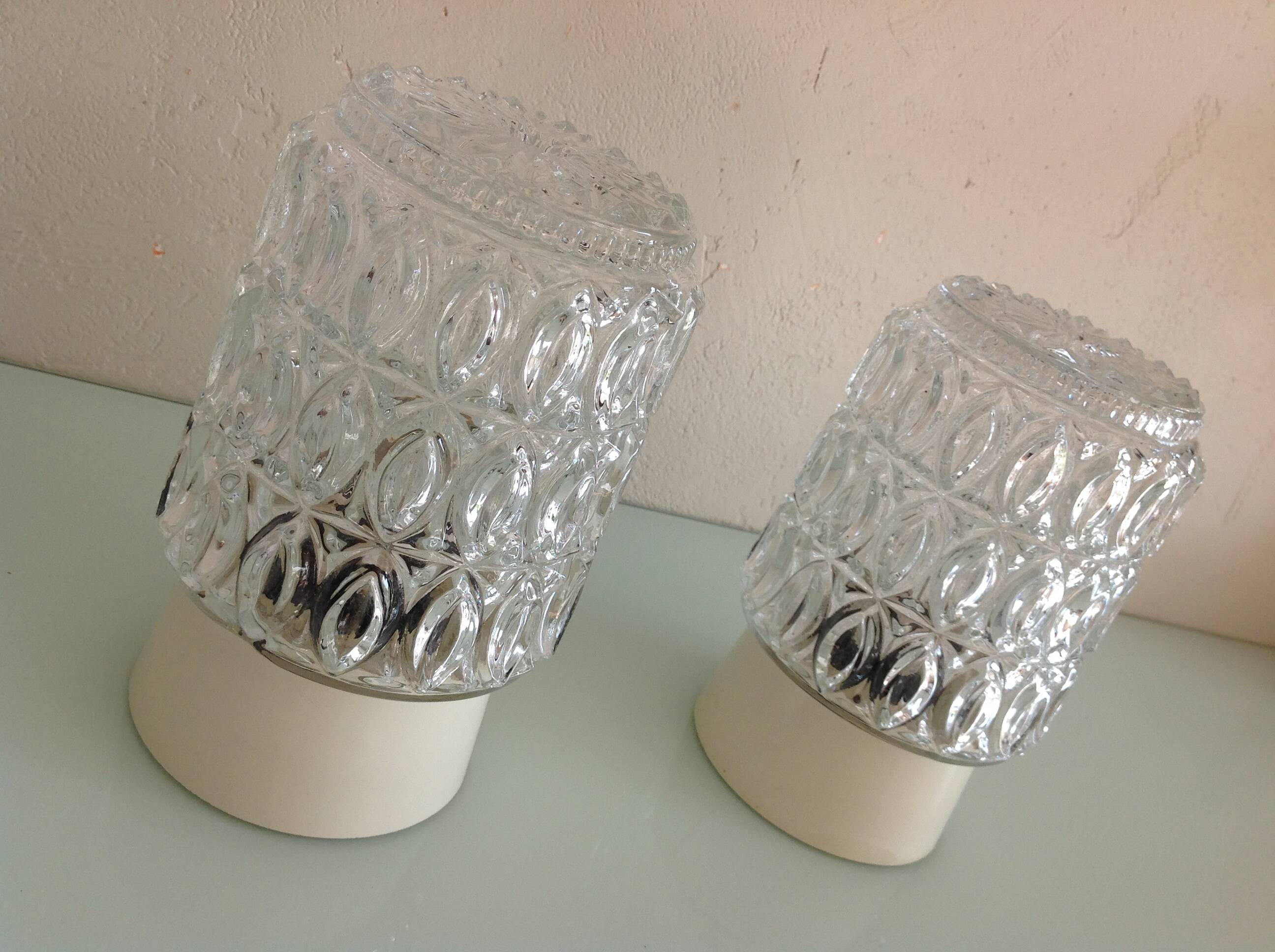 Pair of cylindrical structured glass ceiling lights / vintage 60s-70s
