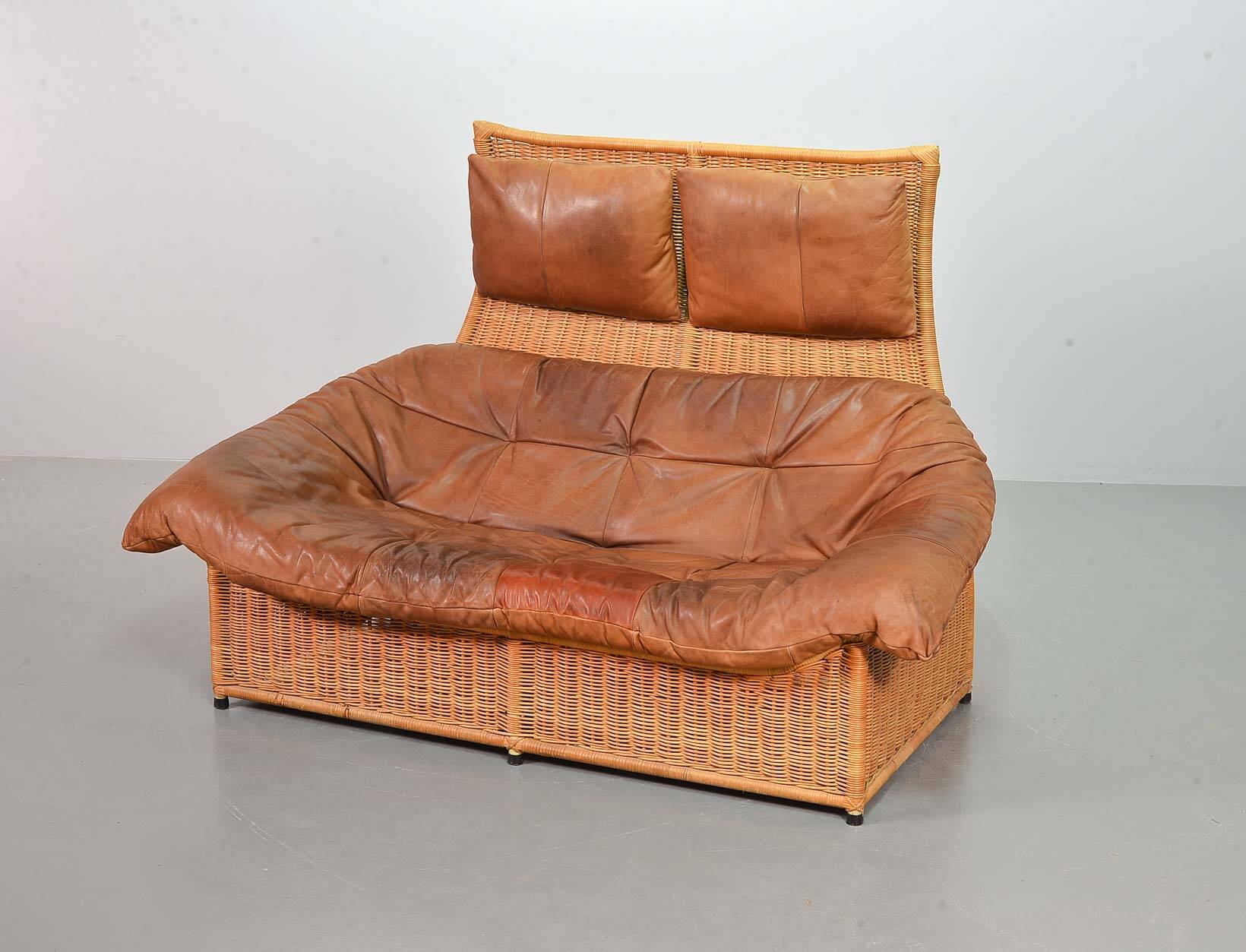 Gerard van de Berg Cognac Patchwork Leather 2-Seat Rockstyle Cane Sofa 70s