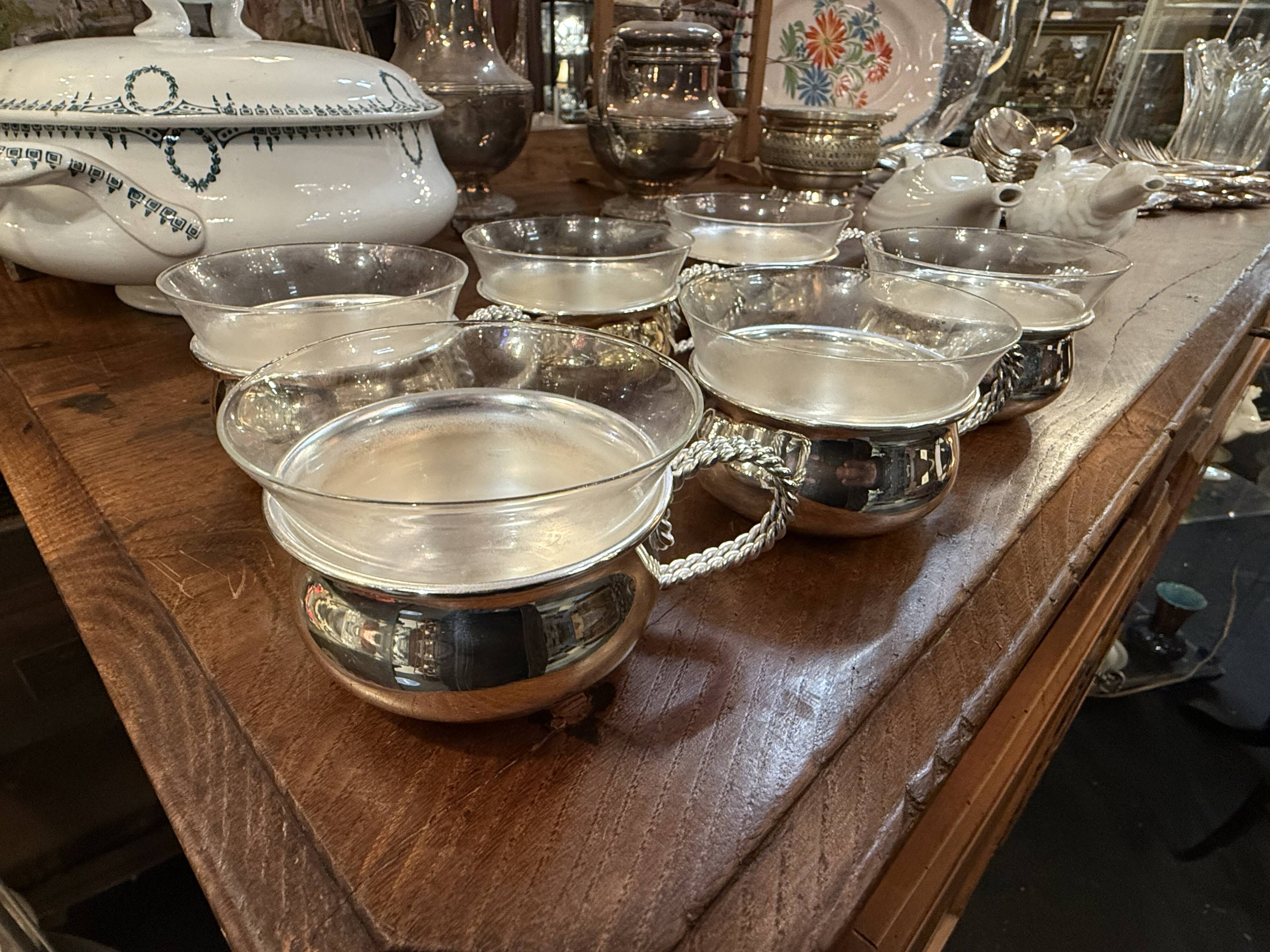 Set of 6 silver-plated metal and glass cups