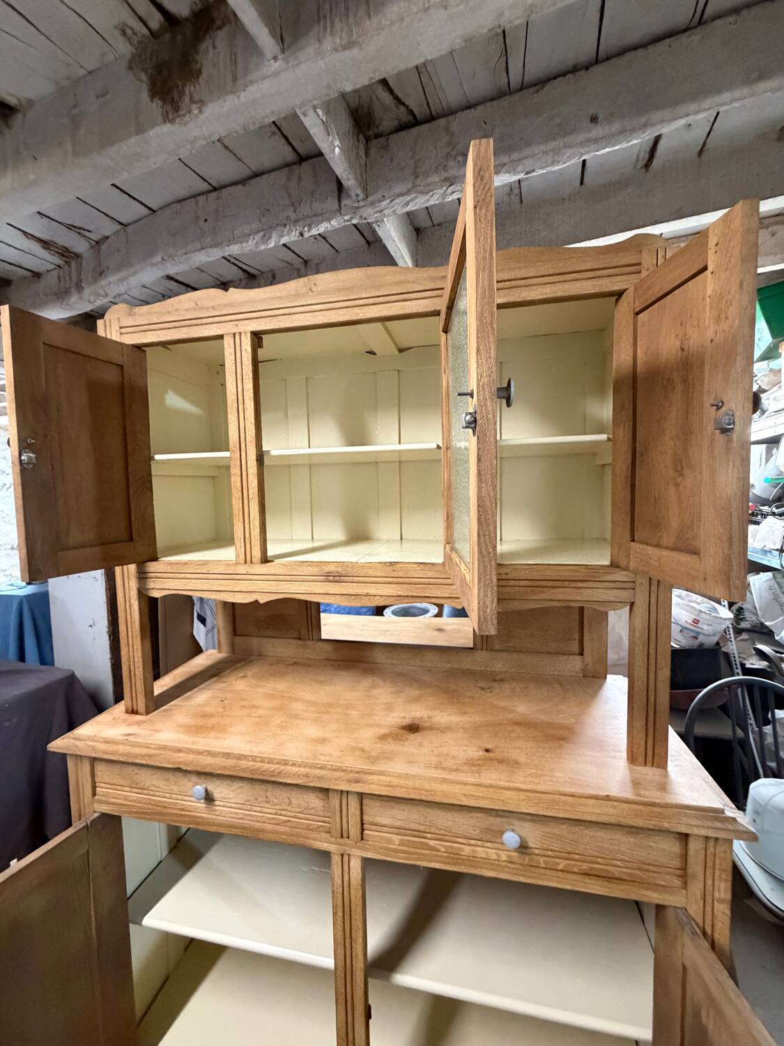 Renovated solid oak sideboard – vintage chic country buffet – glass display