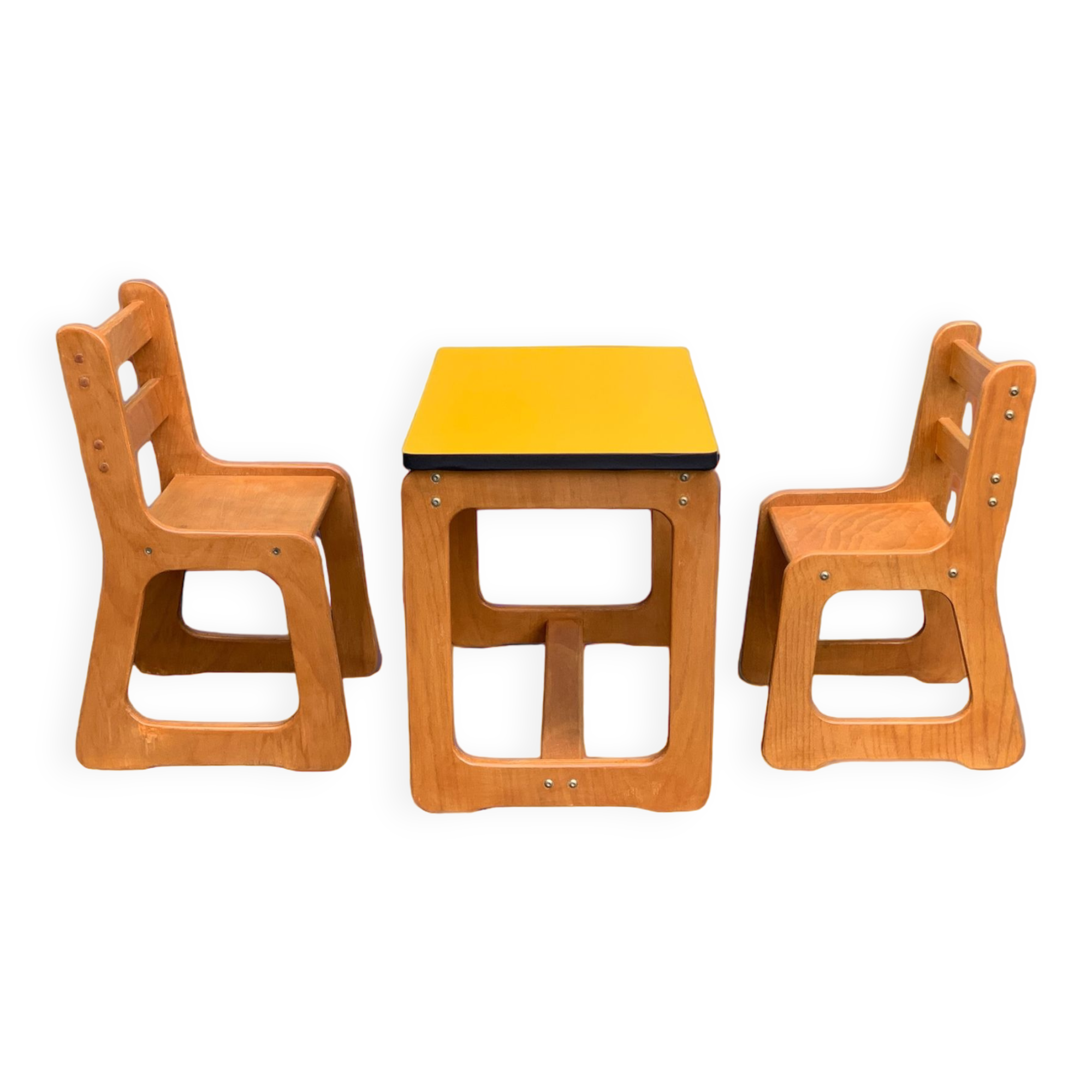 Children's wooden and formica desk and sled chairs 1970