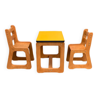 Bureau et chaises traîneau enfants en bois et formica 1970