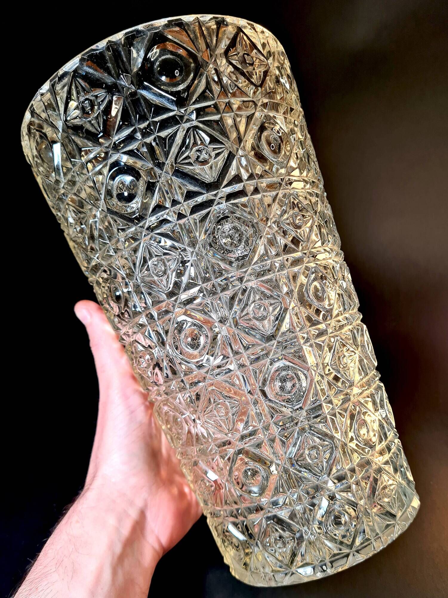 Large cut crystal vase – geometric monogram pattern