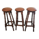 3 high stools in wood and leather