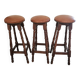 3 high stools in wood and leather