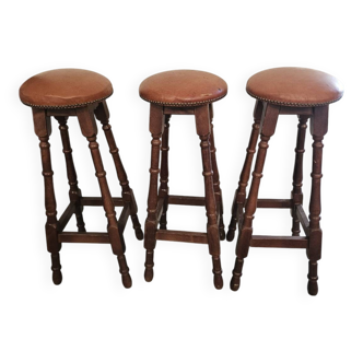 3 high stools in wood and leather