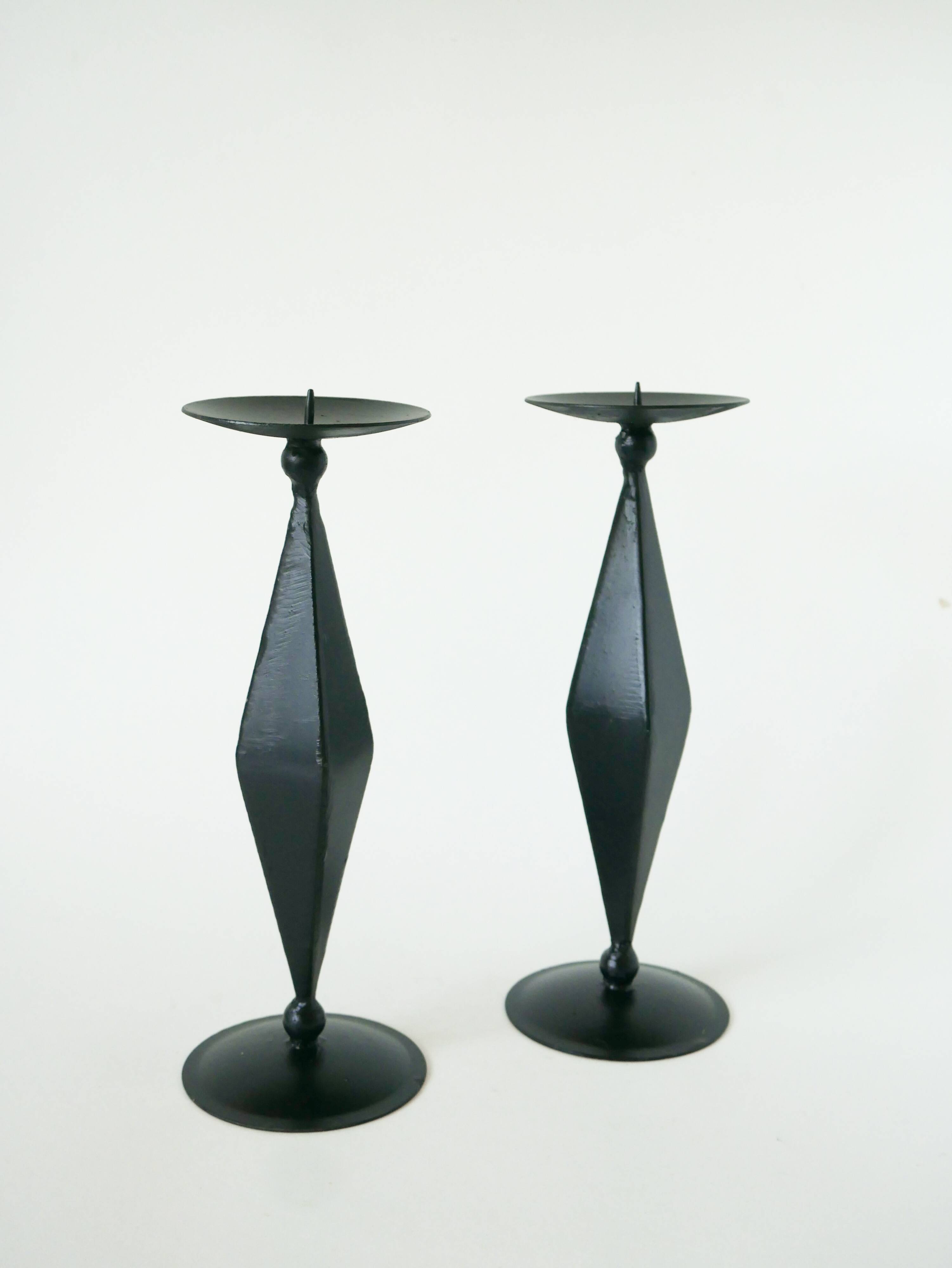 Pair of wooden and wrought iron candlesticks, Sculptural, 1970