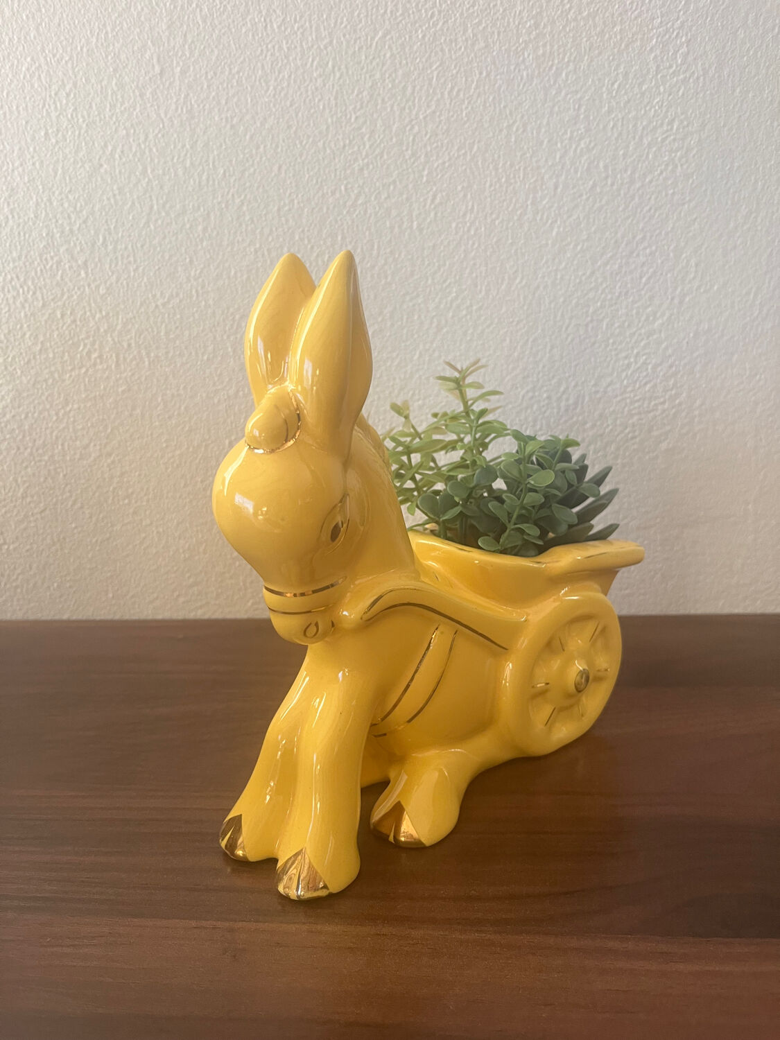 Figurine, vintage yellow ceramic donkey