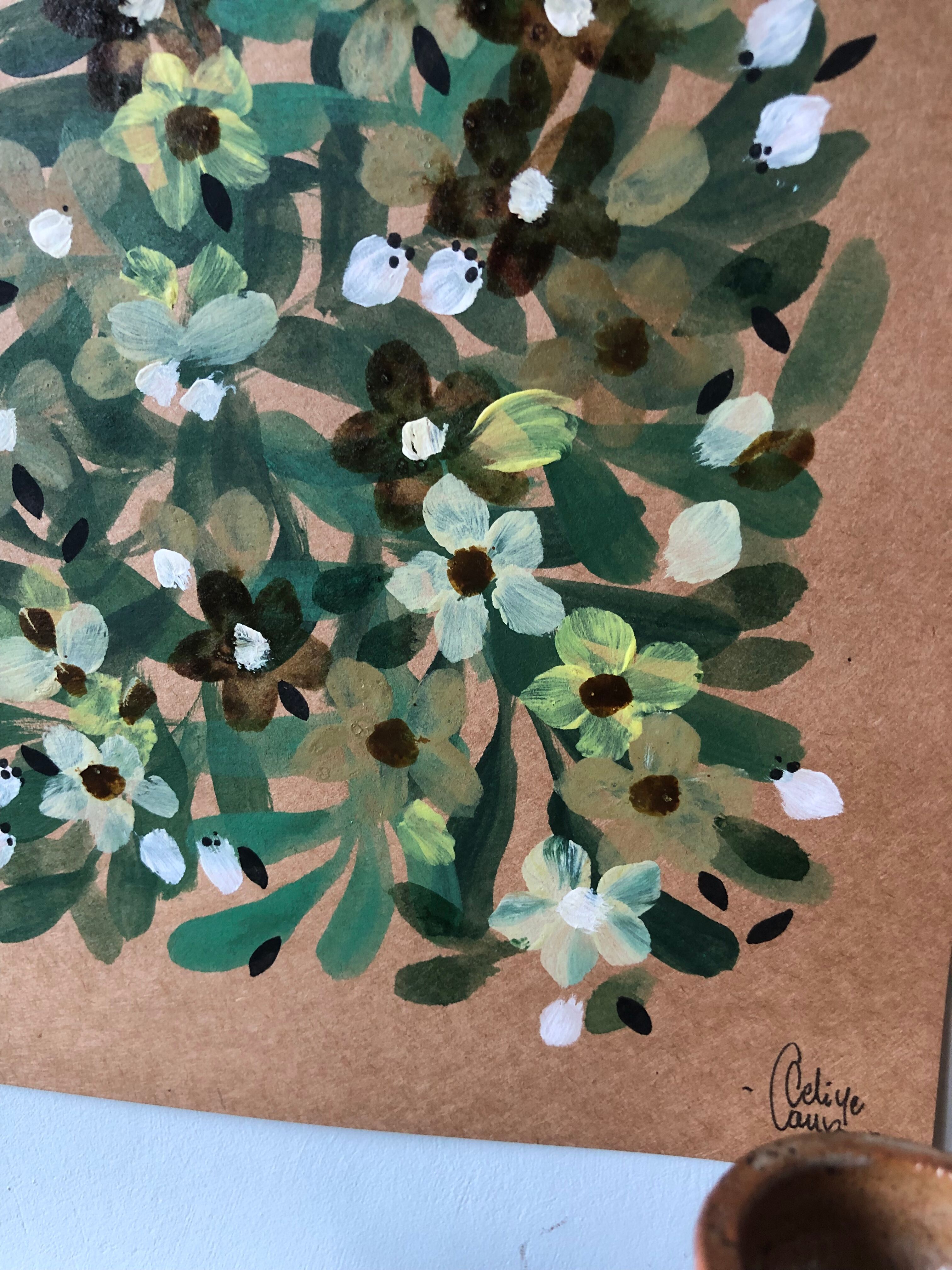 Painting a4 on paper flowers buds and green leaves by céline caux