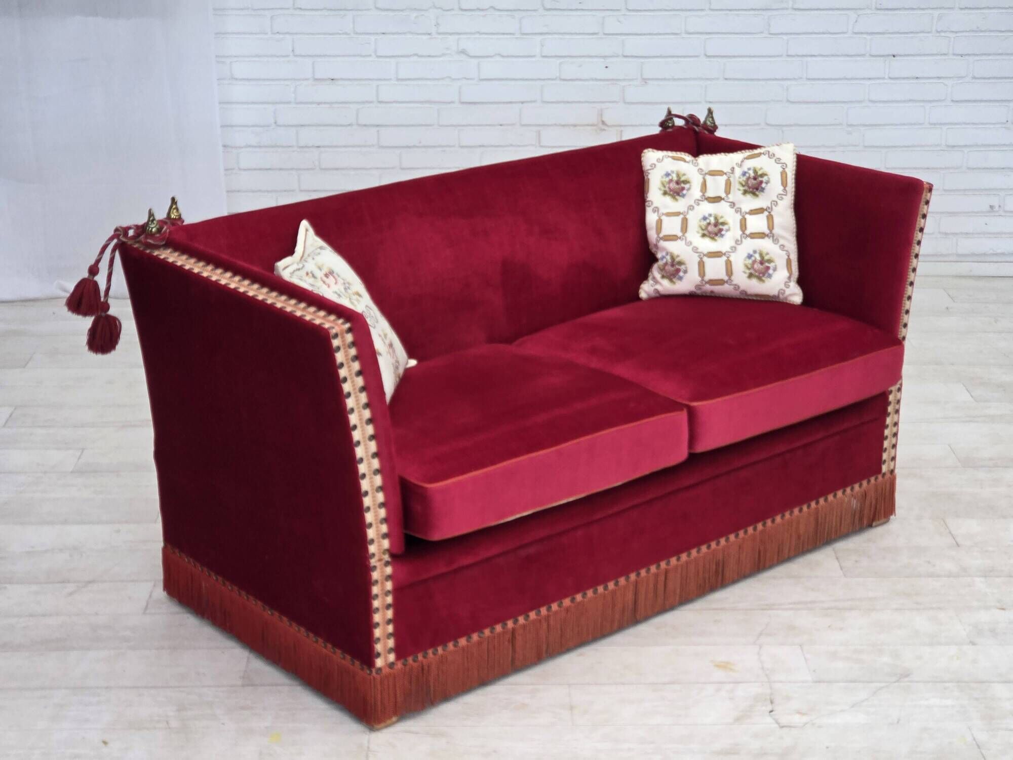 1970s, Danish 2-seater "Spanish" drop arm sofa, furniture velour.