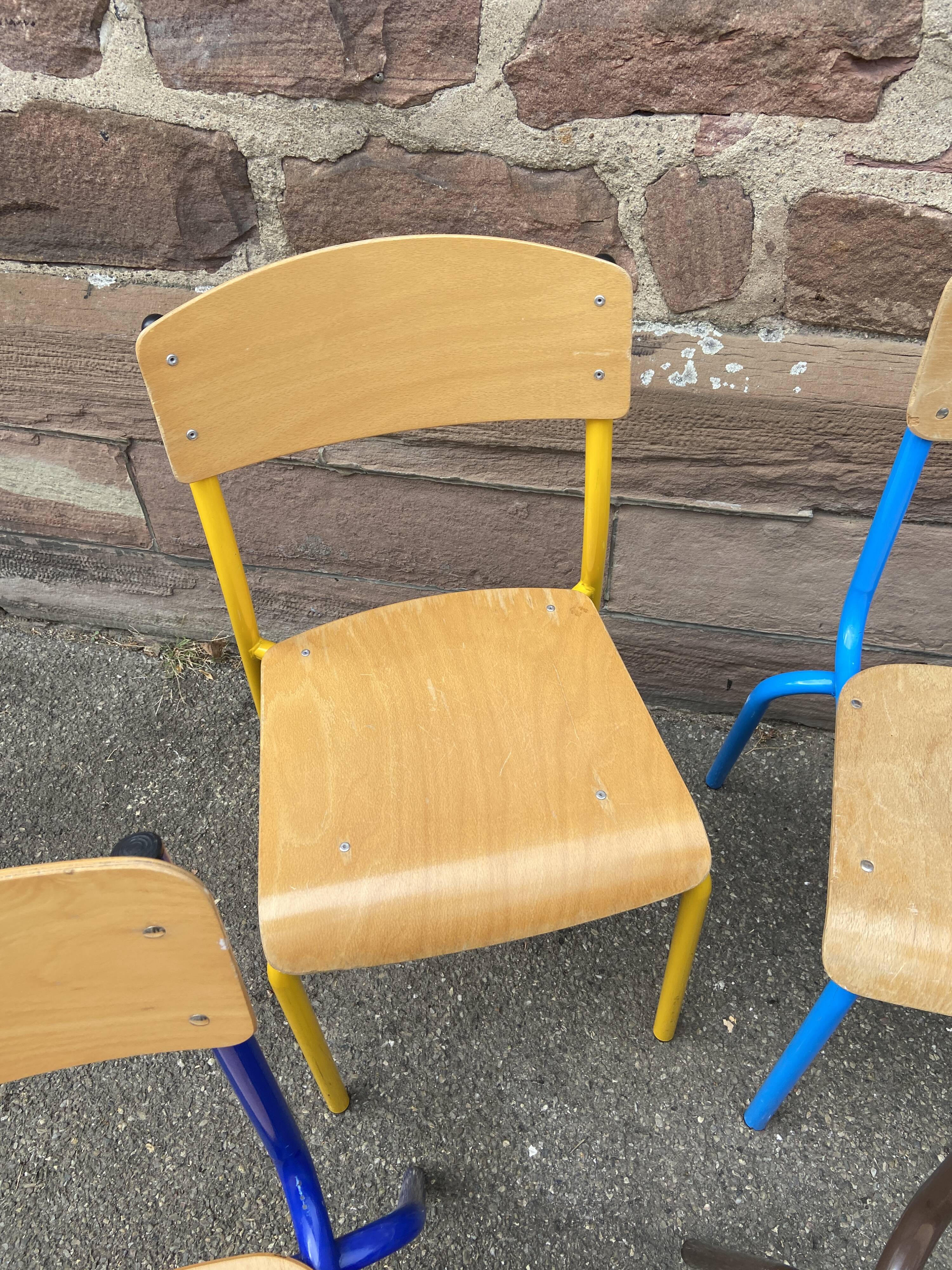 6 mismatched school chairs multicolor industrial vintage school community Mullca