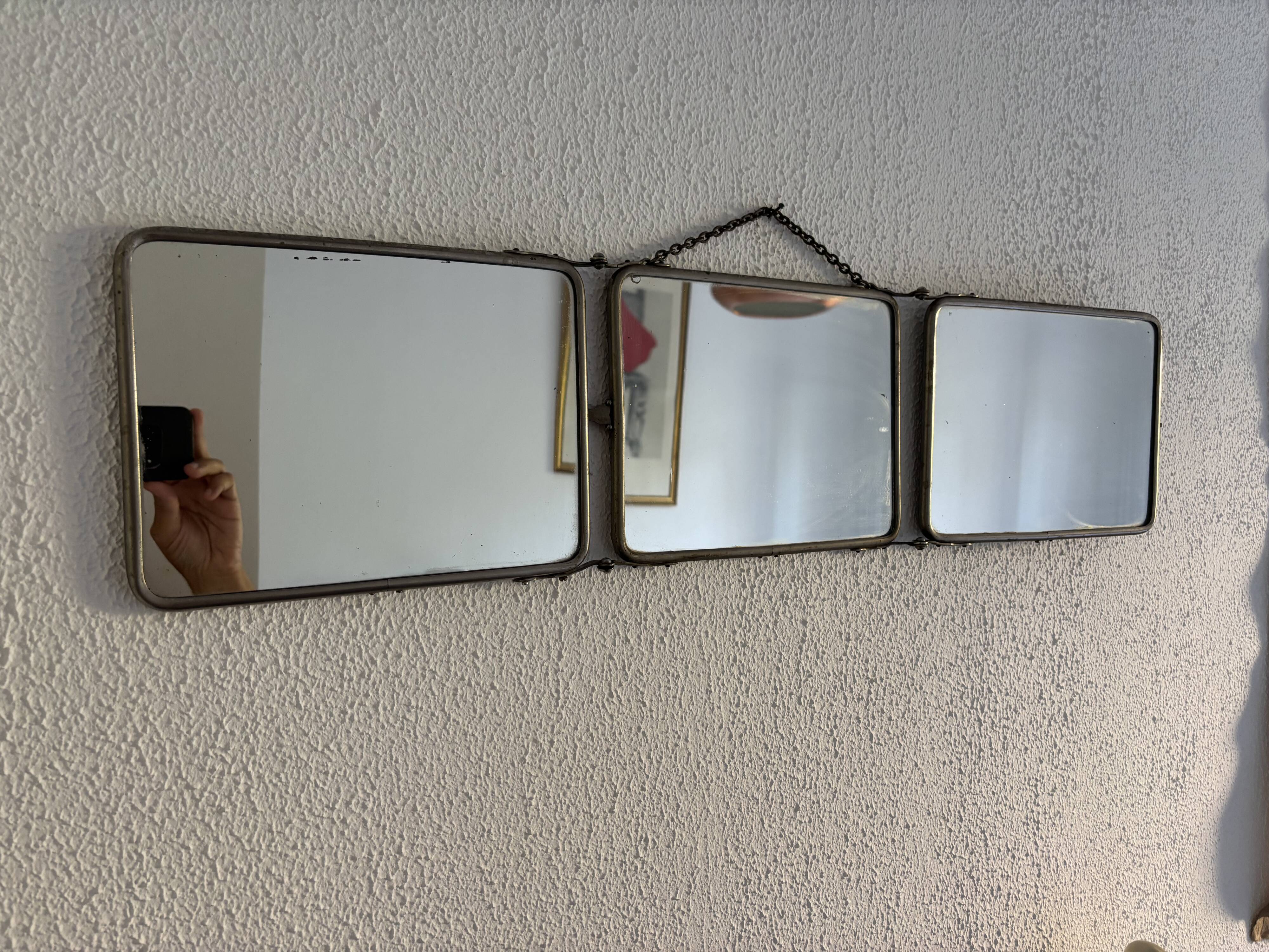 Miroir vintage 1900 triptyque barbier Art Nouveau - 19 x 78  cm