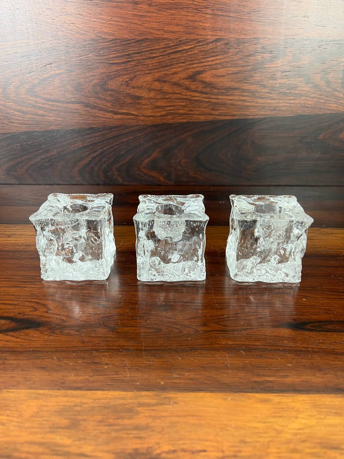 3 molded glass ice cube candle holders
