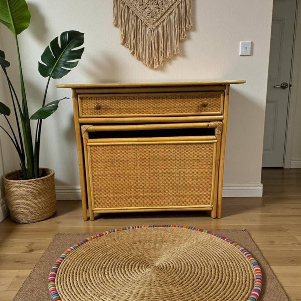 Console vintage en rotin avec tabouret / meuble coiffeuse