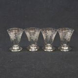 4 Old Small Liqueur Glasses in Engraved Vine Leaf and Grape Glass