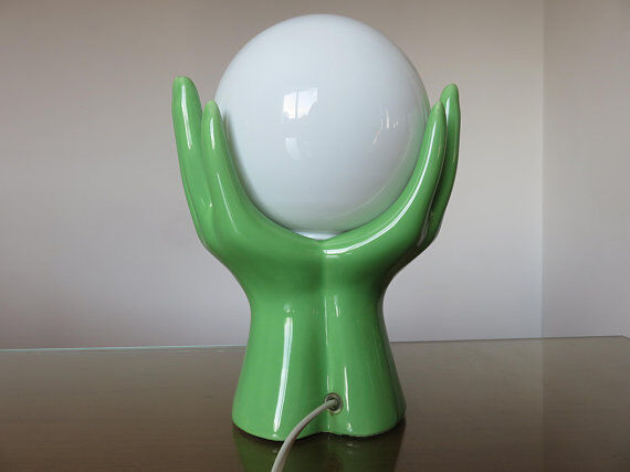 Hand green ceramic lamp and opaline white years 70