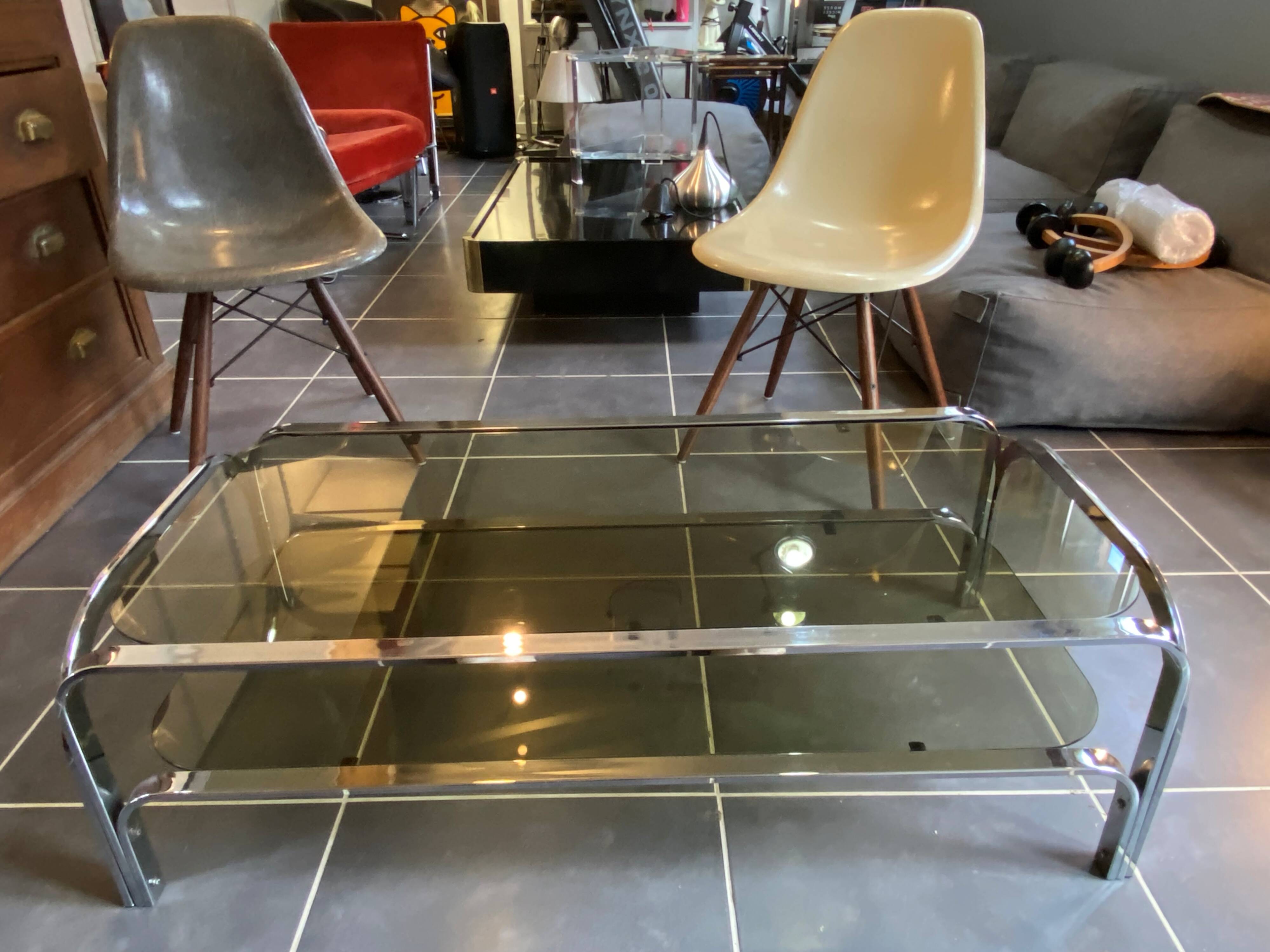 Table basse double plateau verre chrome style Bauhaus vintage 1970