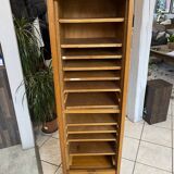 1950s oak office storage cabinet with curtains.