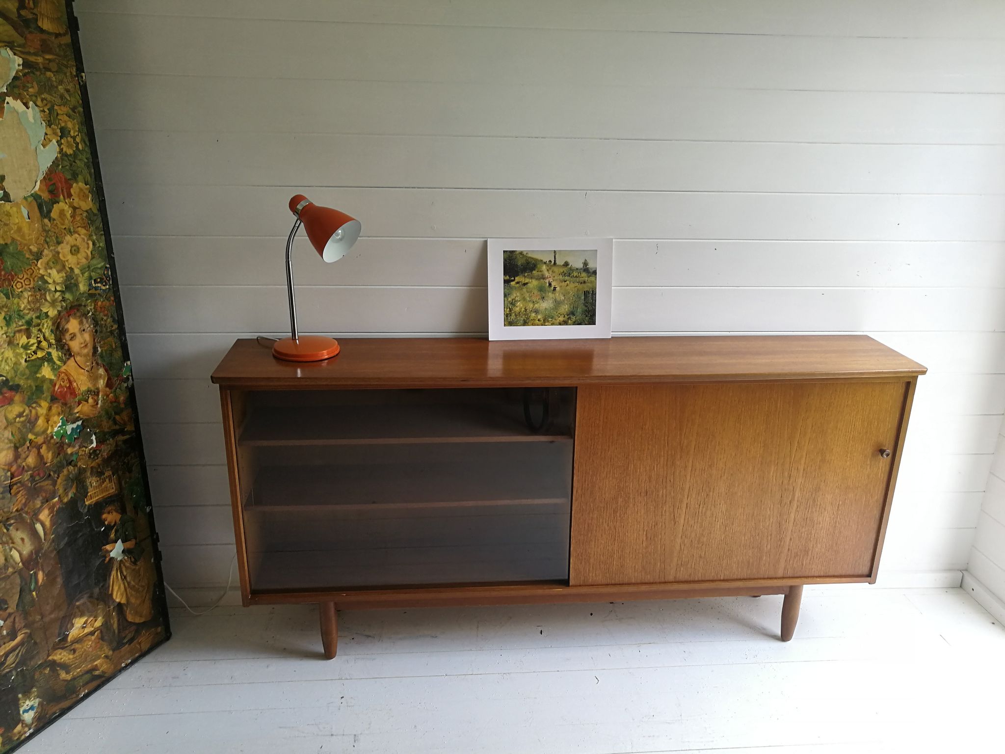Mid Century Vintage Teak Sideboard Display Bookcase Cabinet 1960'S Sliding Glass And Teak Doors