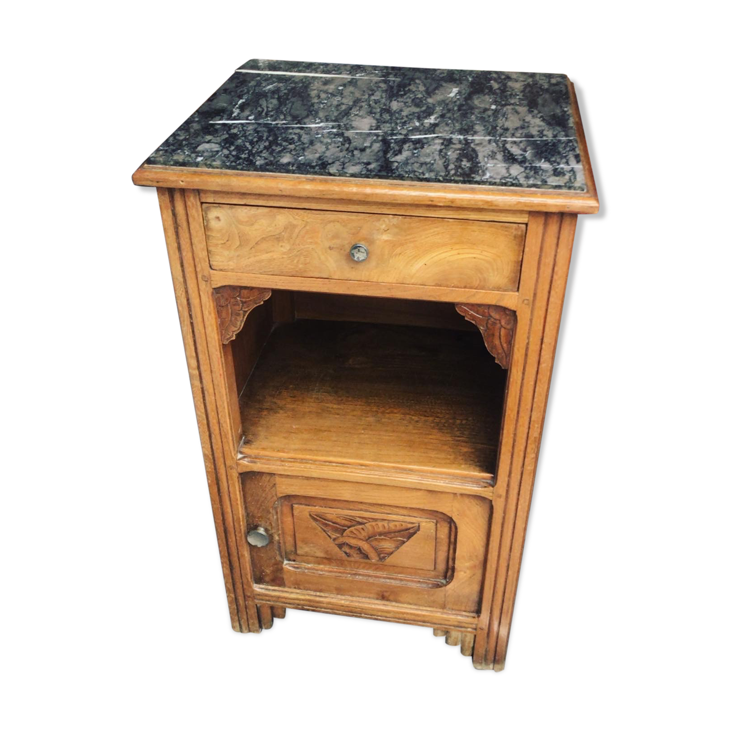 Solid wooden bedside with floral decoration
