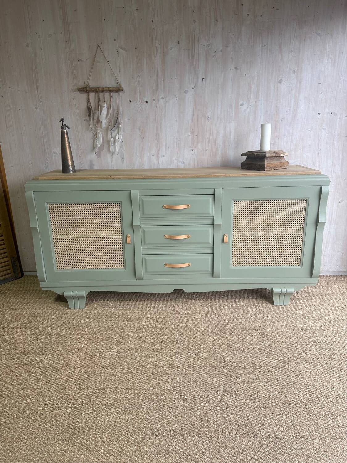 Renovated antique sideboard - blue-green, cane work and oak top