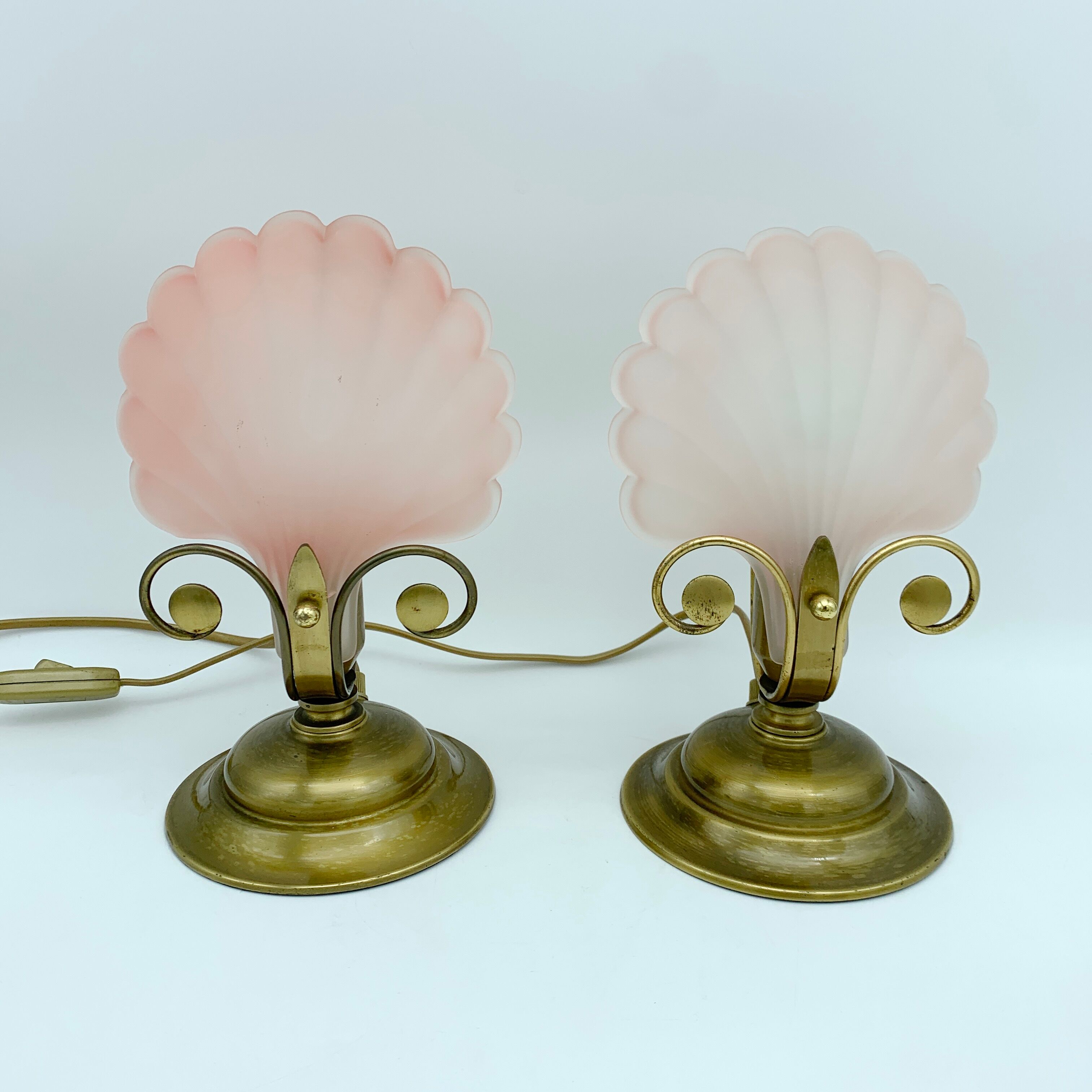 Pair of vintage brushed glass and brass shell lamps